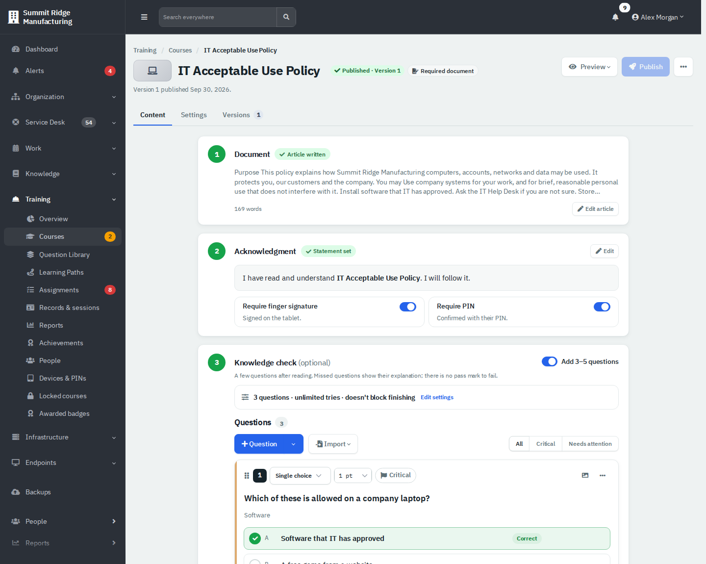 The required document builder showing Document, Acknowledgment and Knowledge check steps