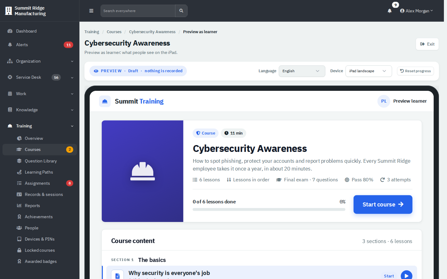 The learner preview of Cybersecurity Awareness inside an iPad frame