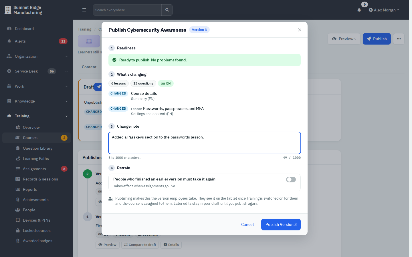 The Publish window for Cybersecurity Awareness showing Ready to publish, what is changing, a change note and the retrain switch