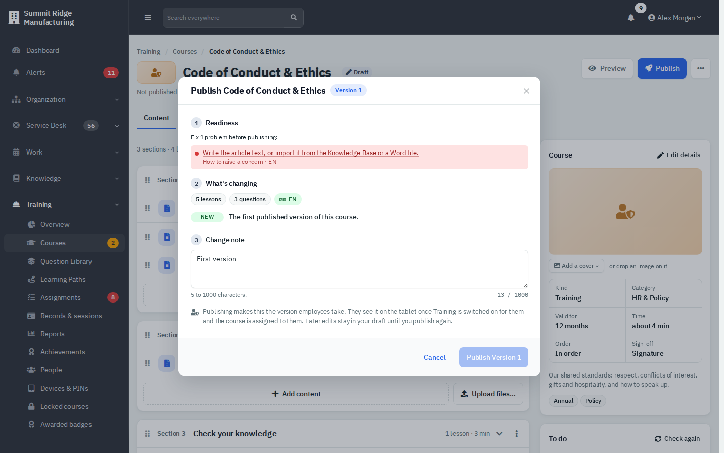 The Publish window for the Code of Conduct draft, blocked by one problem