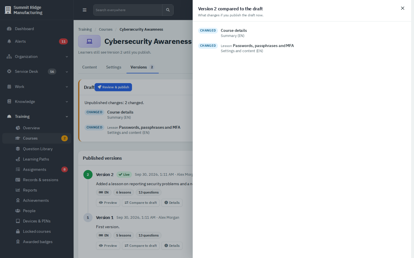The Compare to draft panel listing a changed course summary and a changed lesson