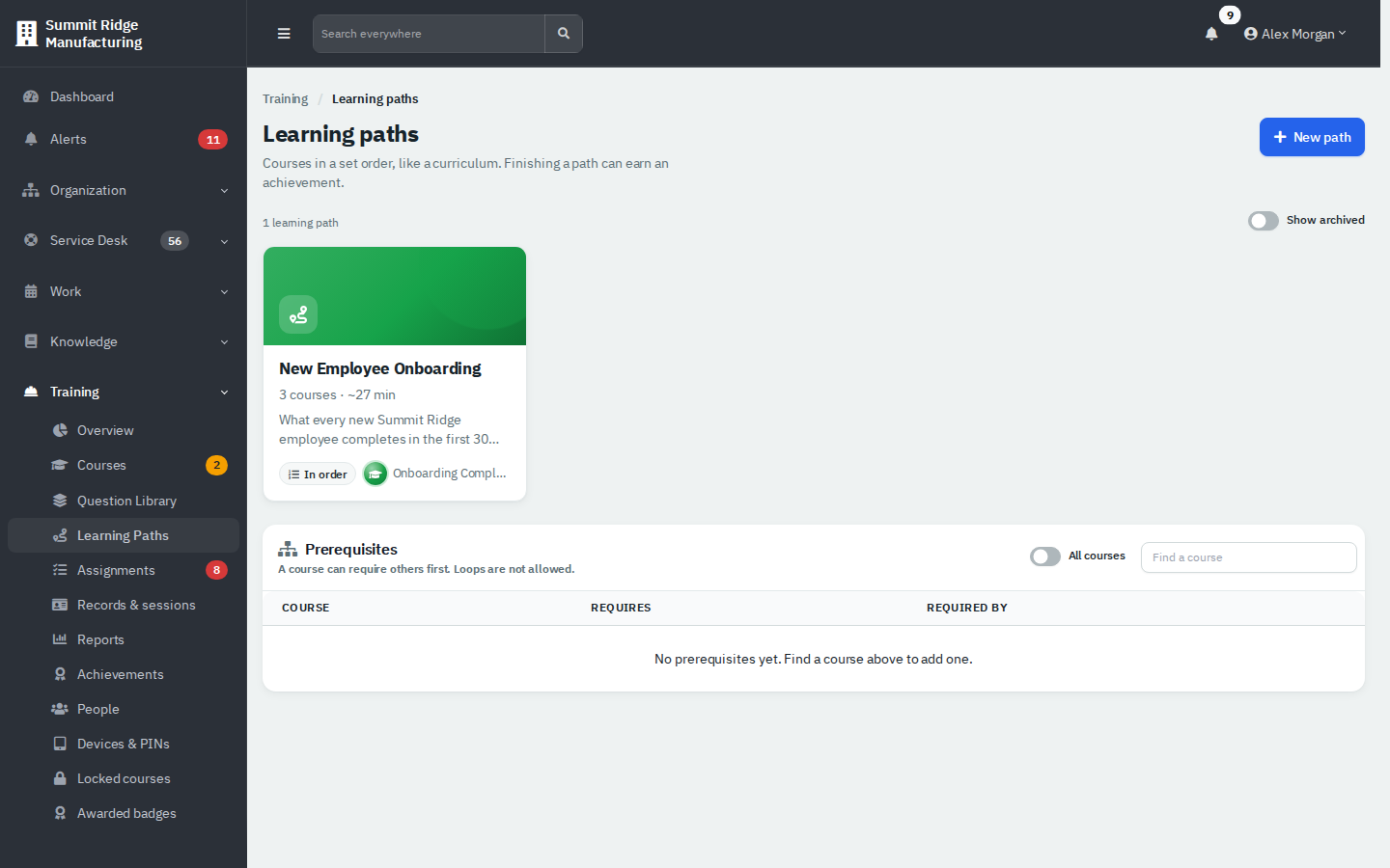 The Learning paths page with the New Employee Onboarding card and the prerequisites table