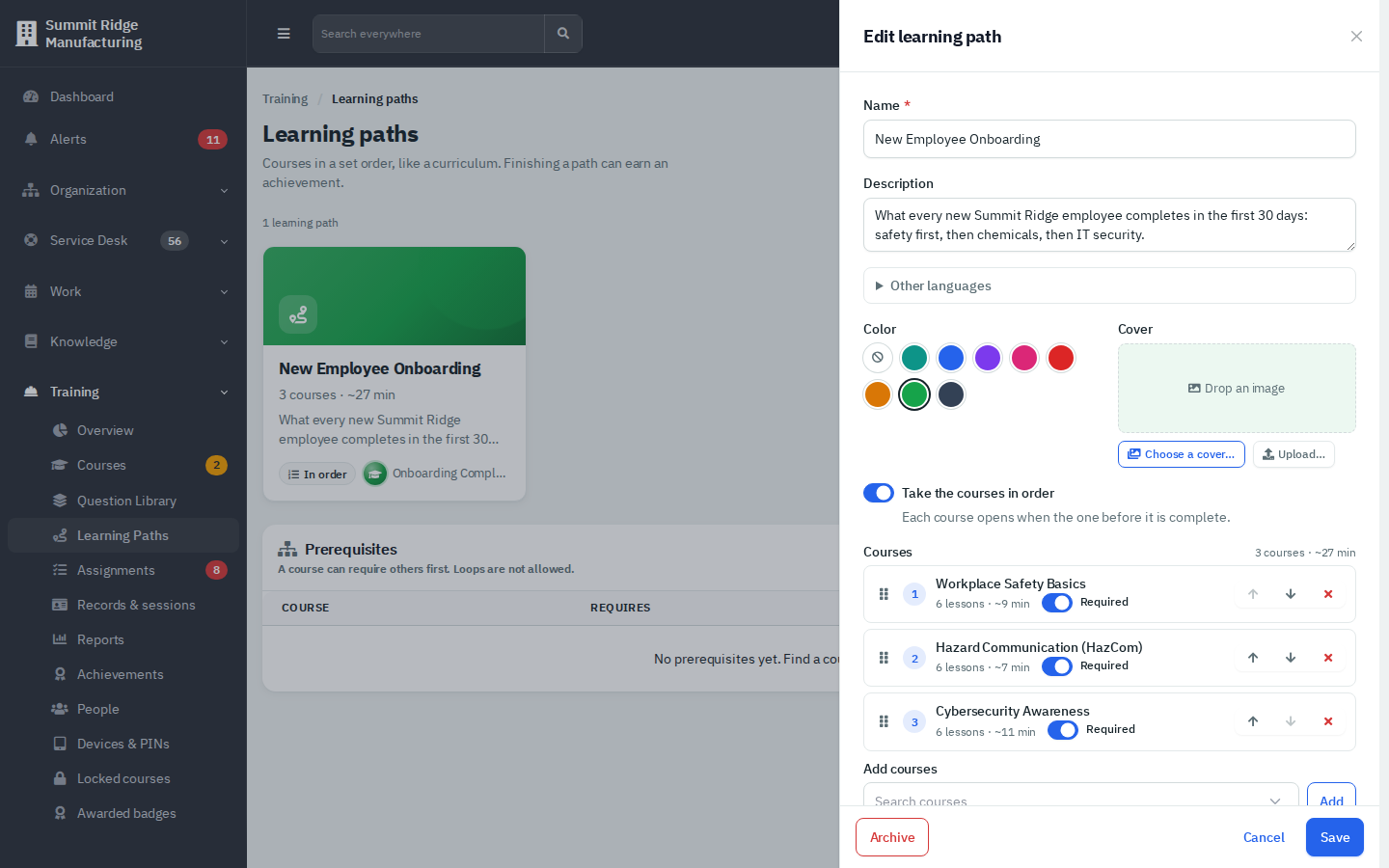 The Edit learning path panel for New Employee Onboarding listing three courses in order