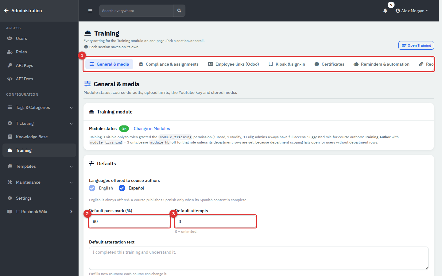 Admin Training settings showing the section menu, default pass mark and default attempts