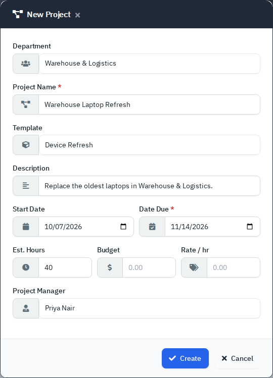 New Project form with a template selected