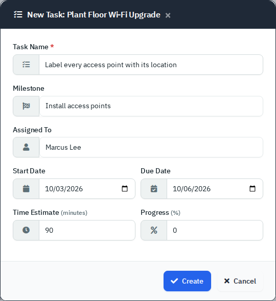 The New Task form