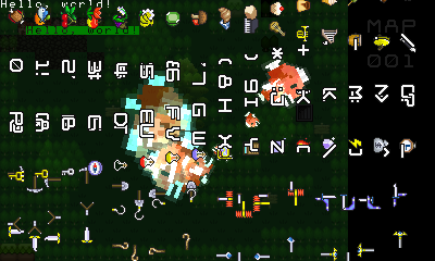 A grid of random sprites. Multiple fish are still orbiting a map. The map is translucent. The text is also still there, and it still reads "Hello, world!".