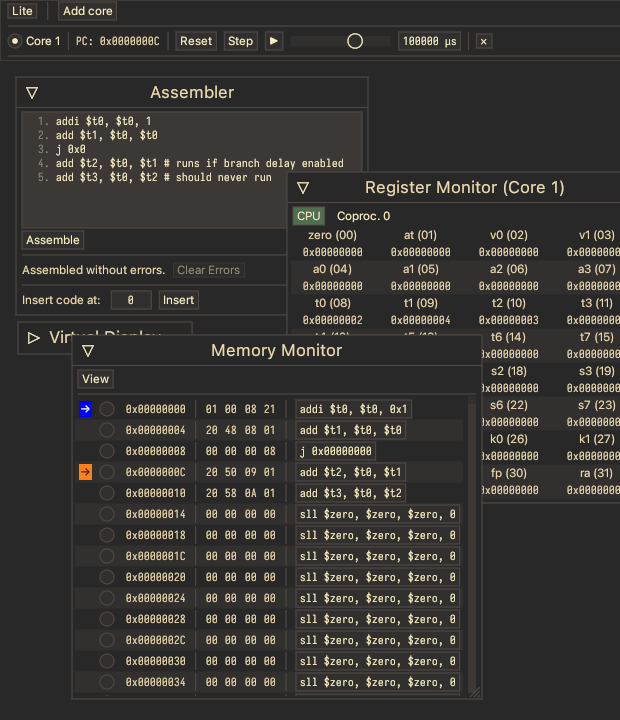 Screenshot of MIPS Emulator, showing Assembler window and Branch Delay