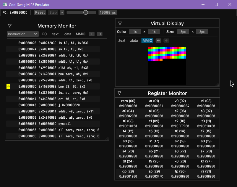 Old screenshot of MIPS Emulator, writing a rainbow