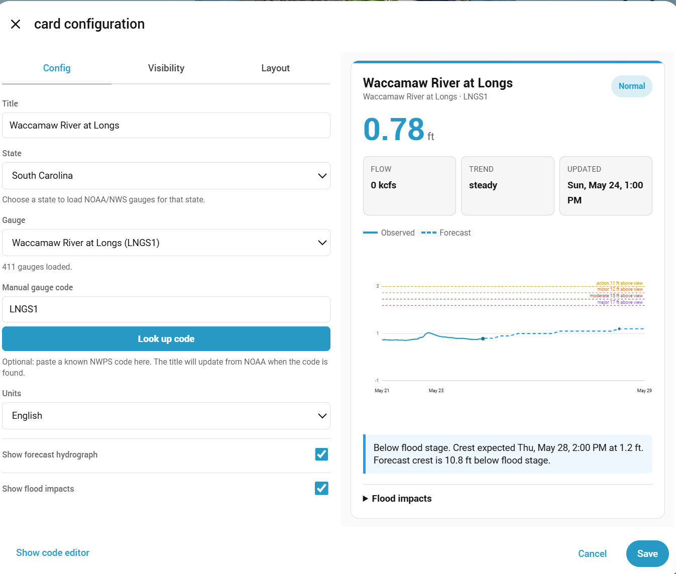 RiverWise visual editor showing provider, state, gauge, and display options