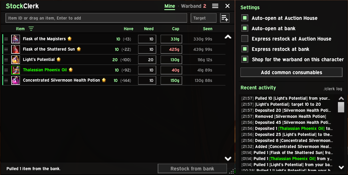 Settings and Recent activity