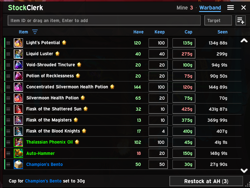 The Warband list at the Auction House