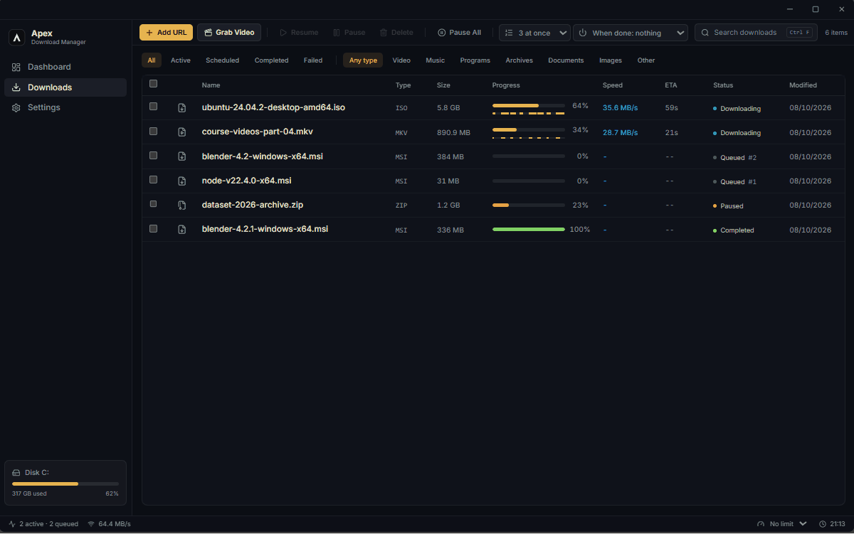 Apex downloading two files over parallel connections, with live speed, per-segment progress, queue positions and a paused download