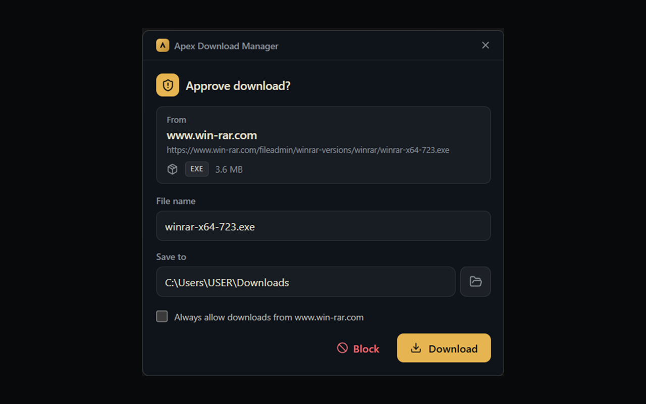 Approval prompt for a download handed over from the browser, showing source site, file name and save folder