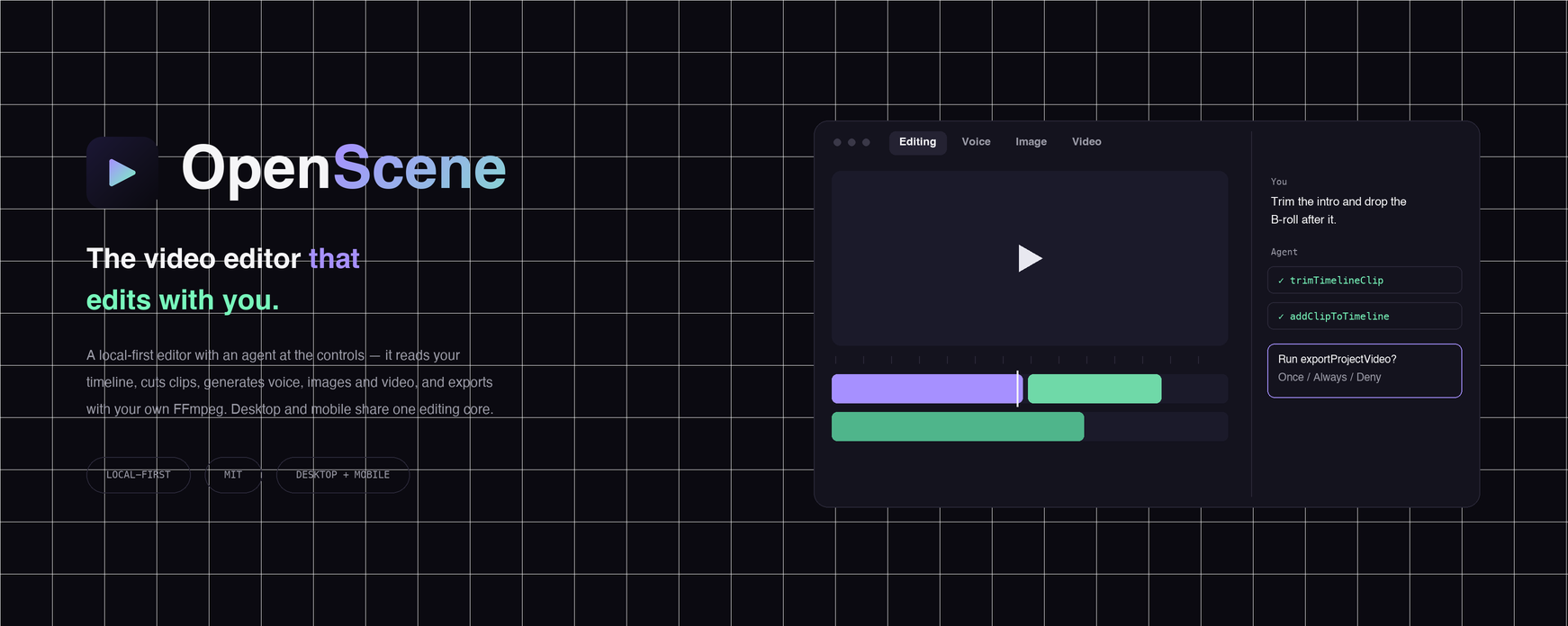 OpenScene: the wordmark beside a dark editor window showing a timeline and an agent chat that has trimmed a clip, added another, and is asking permission to export