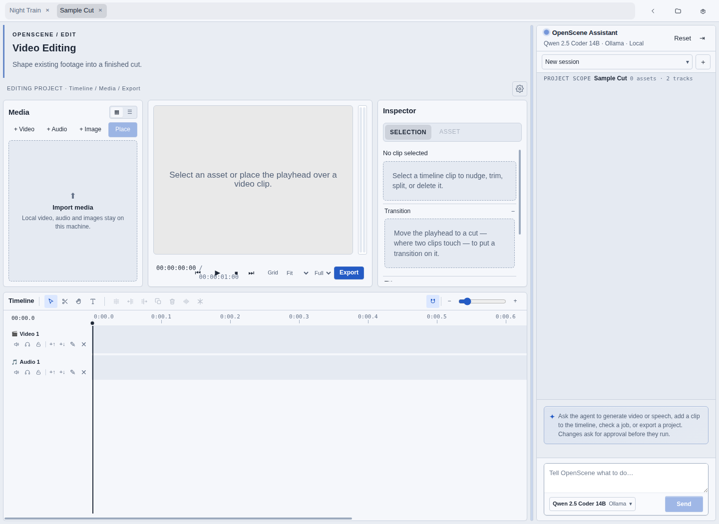 The current Video Editing workspace with an empty timeline, media bin, Program Monitor, inspector and Edit Agent