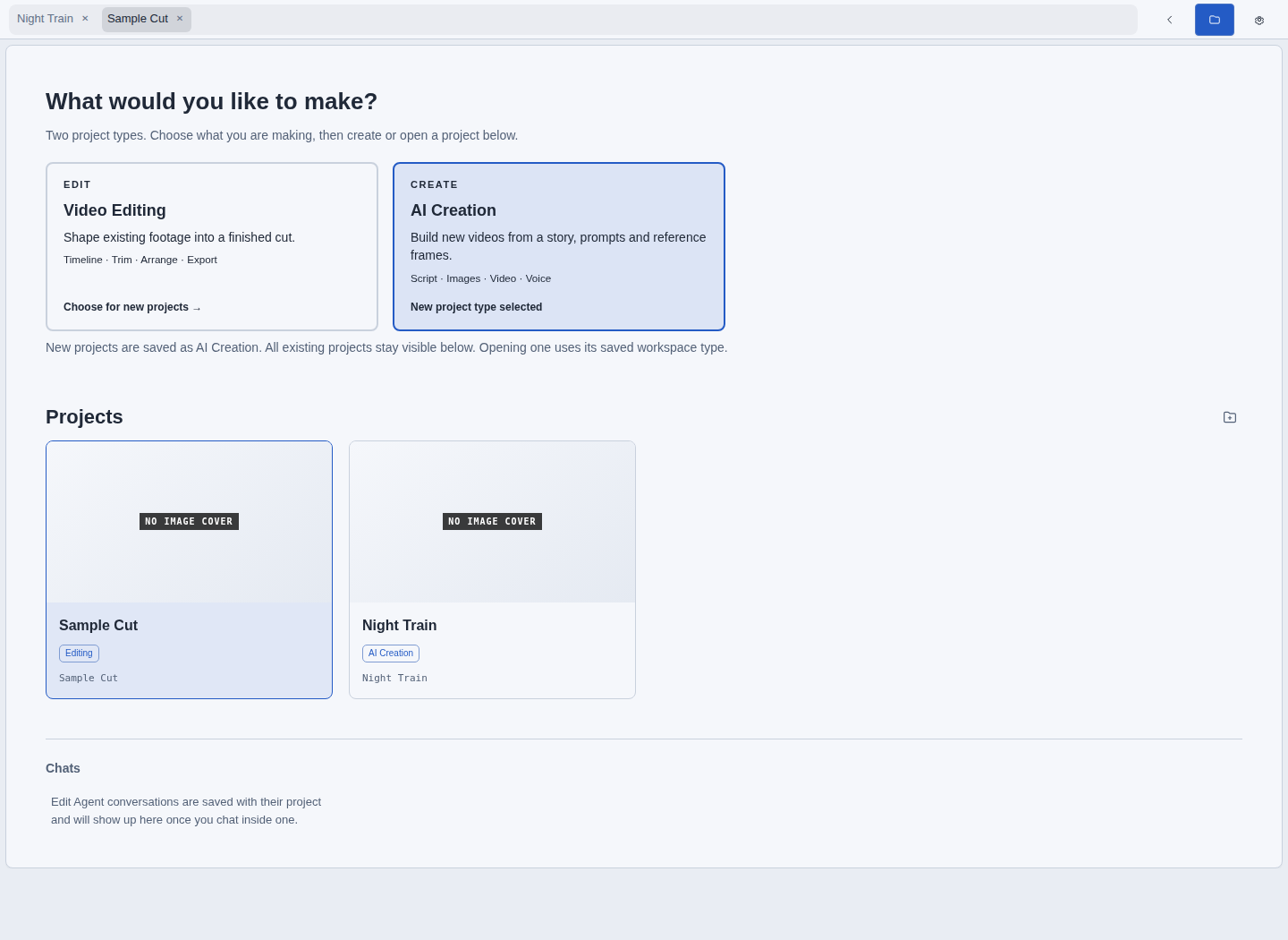 The current Projects page with Video Editing and AI Creation choices and two sample projects