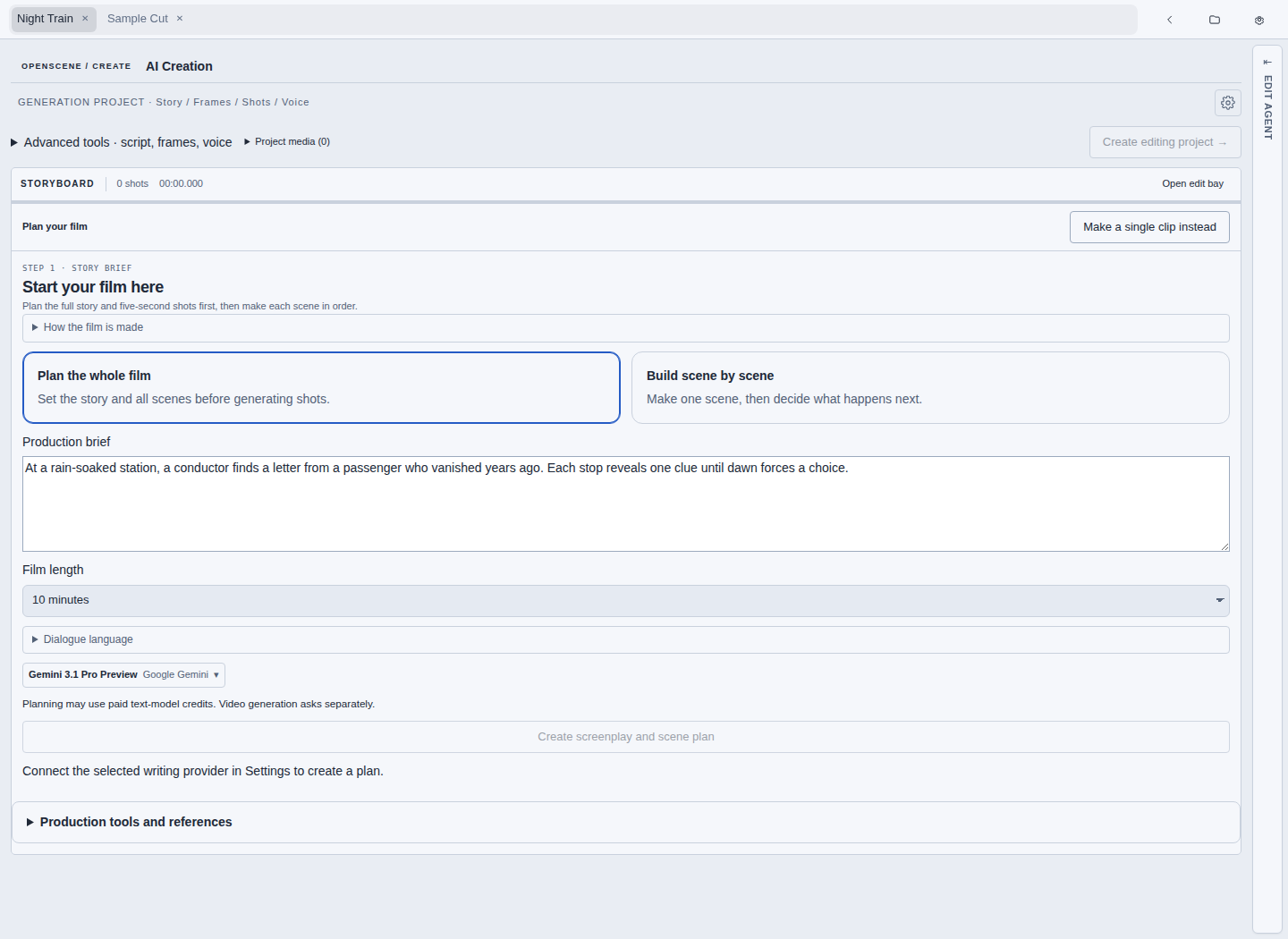 The AI Creation start screen with the two planning modes, production brief and film length