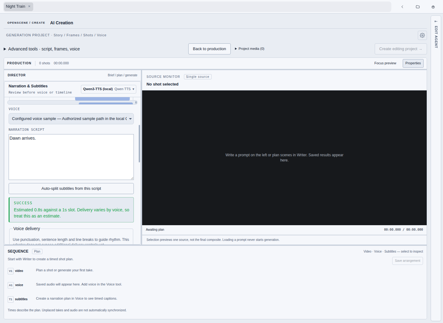 The Voice and captions tool with Qwen3-TTS selected, a configured-sample choice and narration script