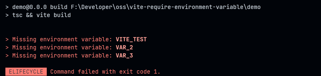 Example CLI output by vite-require-env-var plugin