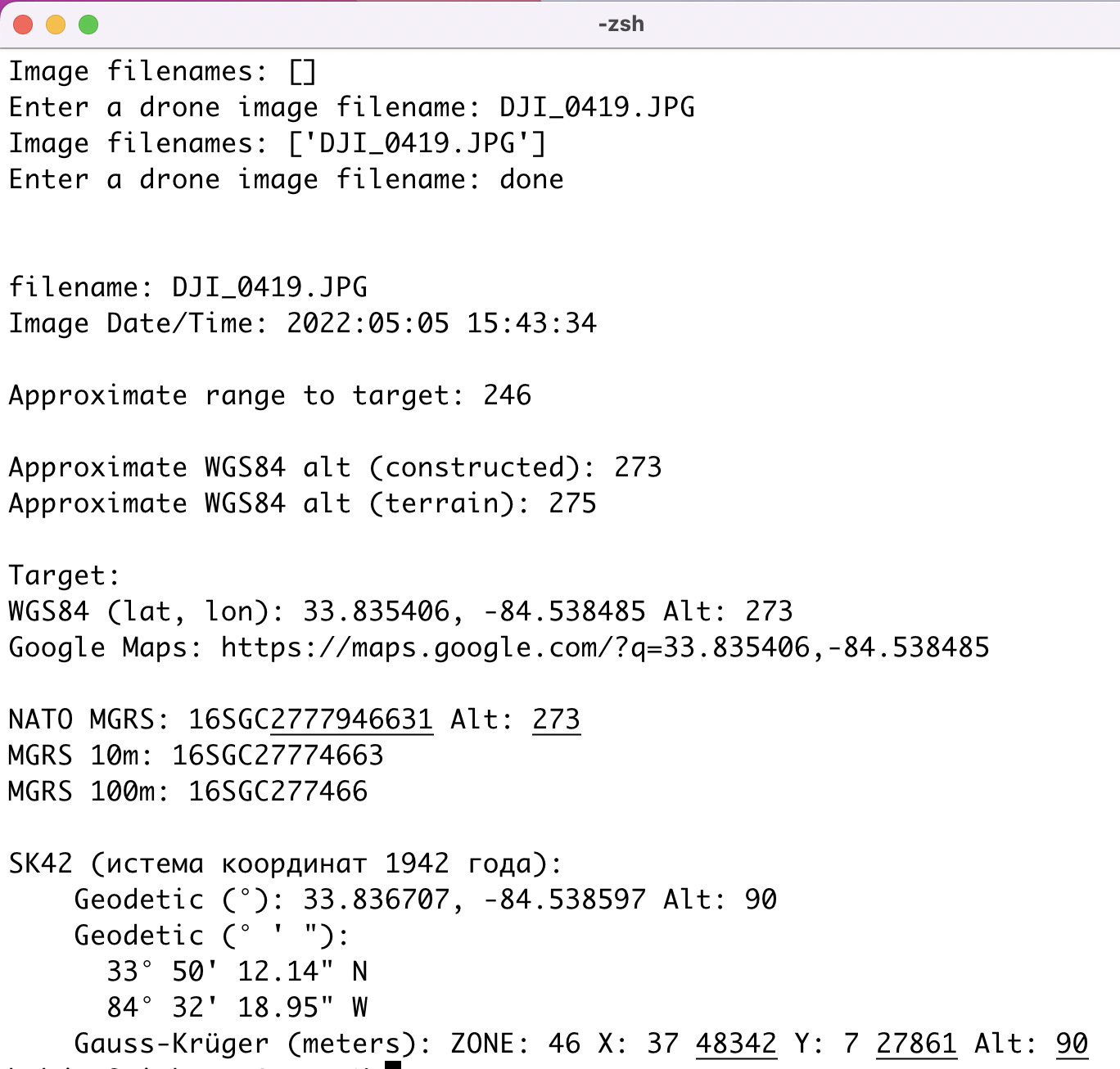 image of command line on MacOS, showing a target location calculated by OpenAthena parseImage.py
