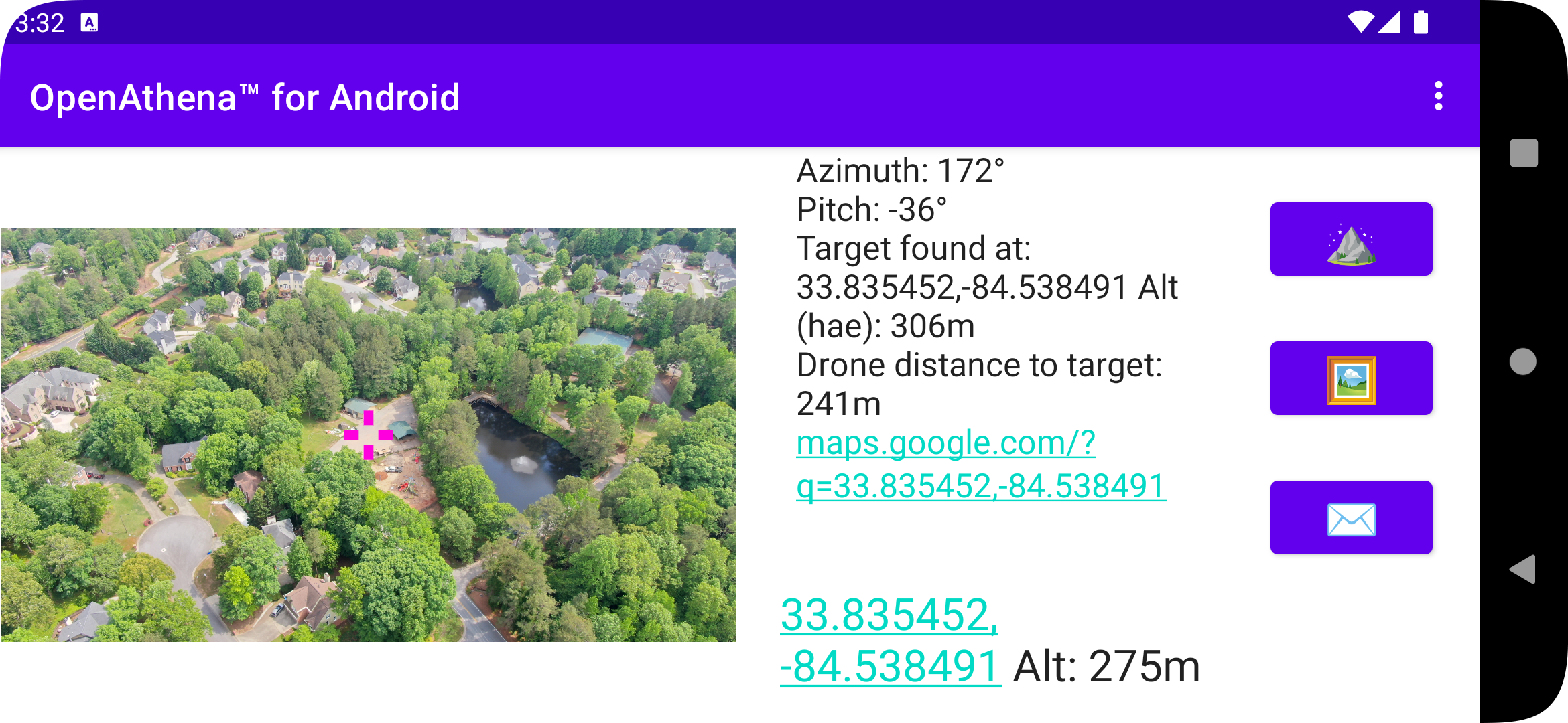 OpenAthena™ Android Target Calculation demo using cobb.tif and DJI_0419.JPG, output mode WGS84