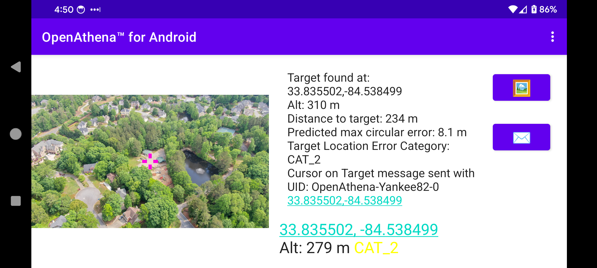 OpenAthena™ Android Target Calculation demo using cobb.tif and DJI_0419.JPG, output mode WGS84