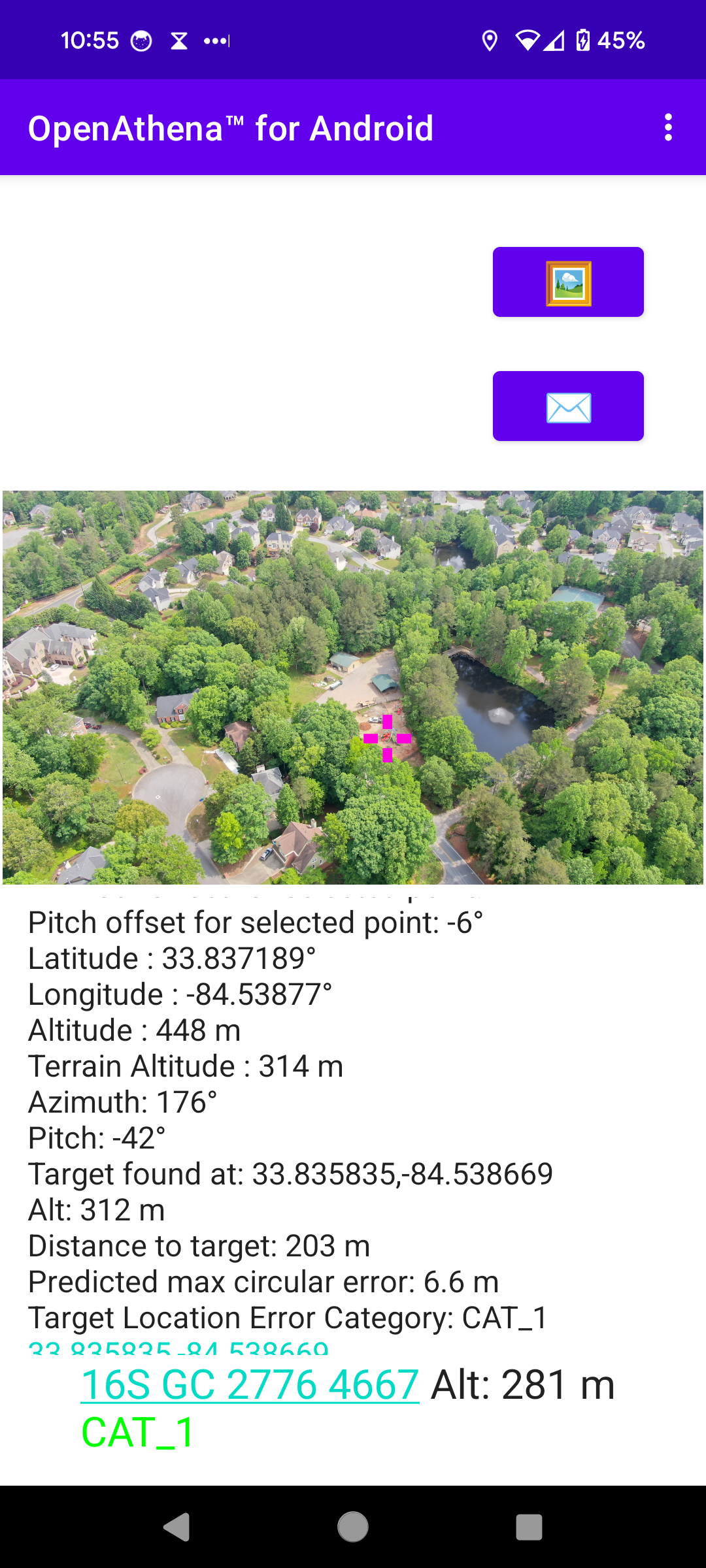 OpenAthena™ Android Target Calculation demo using cobb.tif and DJI_0419.JPG, output mode NATO MGRS 10m