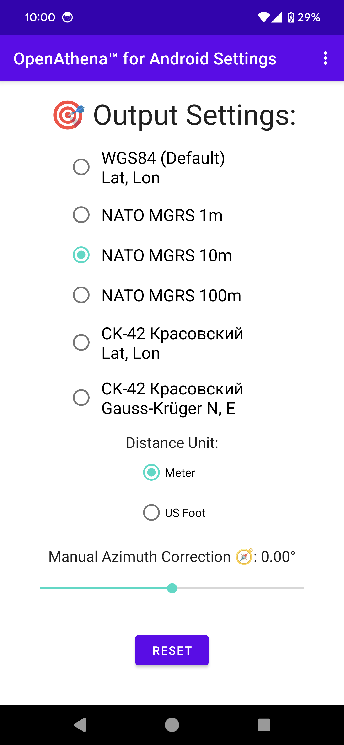 OpenAthena™ Android 🎯 Output Modes Activity demo NATO MGRS 10m