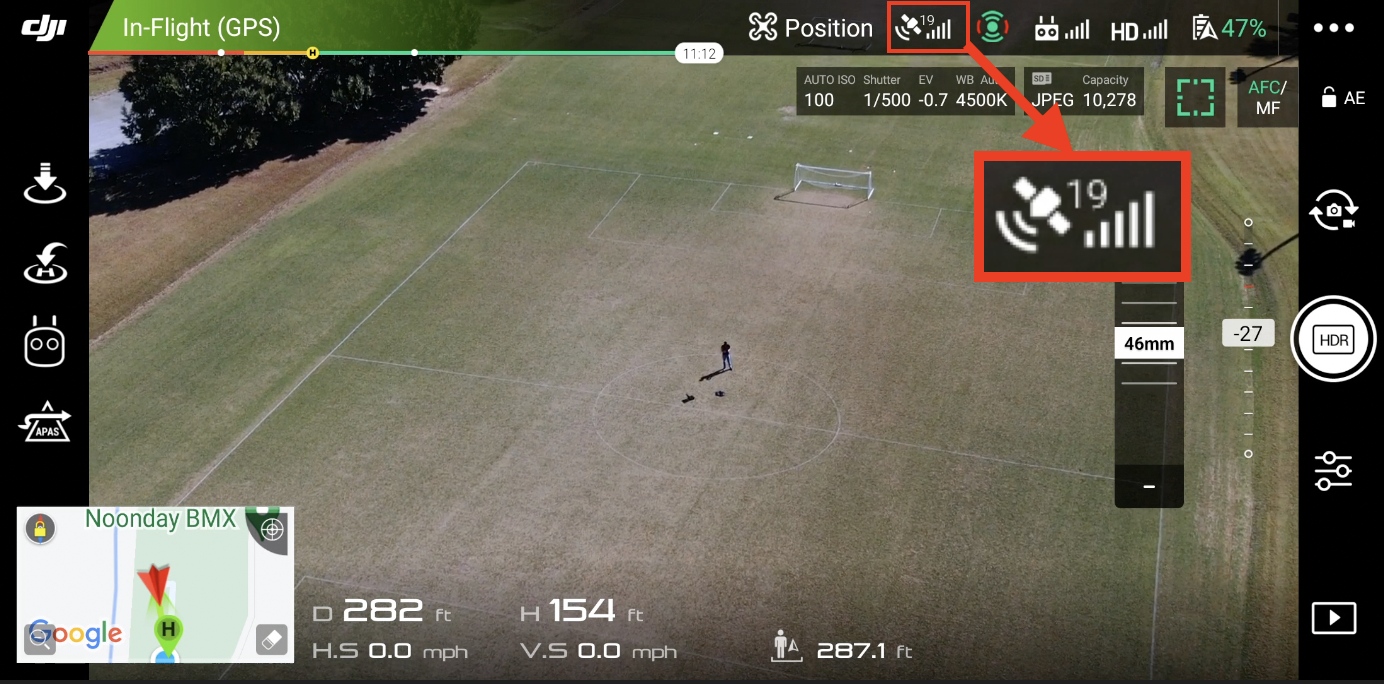A screenshot of the UI for DJI Go 4 during flight of a Mavic 2 Zoom drone. The GPS connection indicator is highlighted