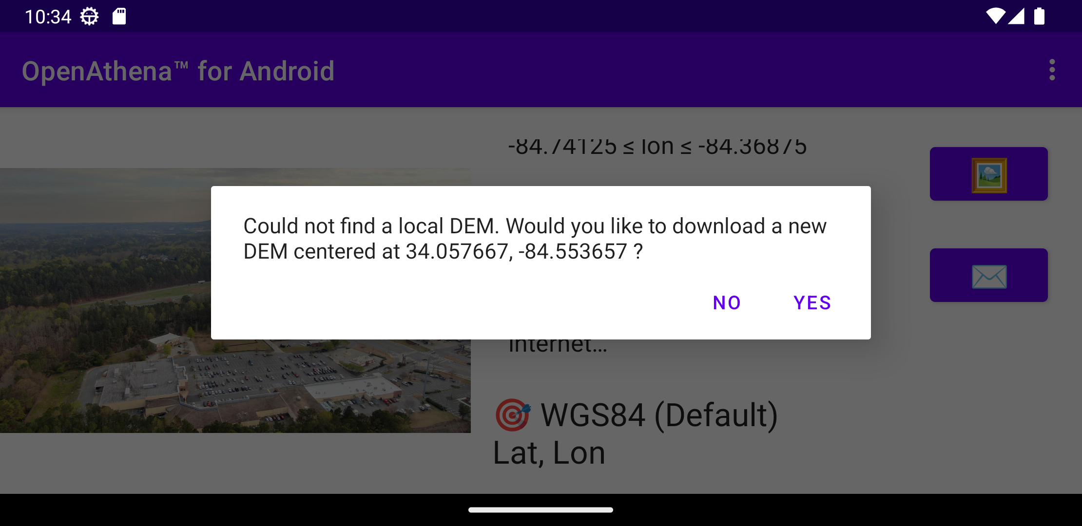 OpenAthena™ Android User is prompted to allow automatic download of a Digital Elevation Model for use with their selected drone image