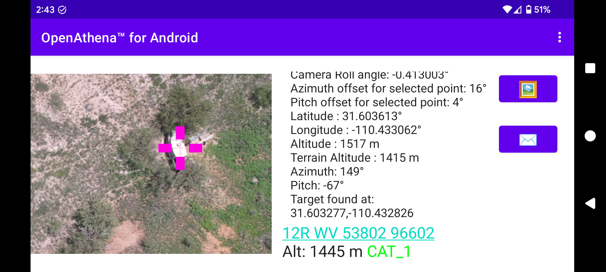 OpenAthena for Android MGRS coordinate output for a target on the Pioneer Runway range, Fort Huachuca AZ
