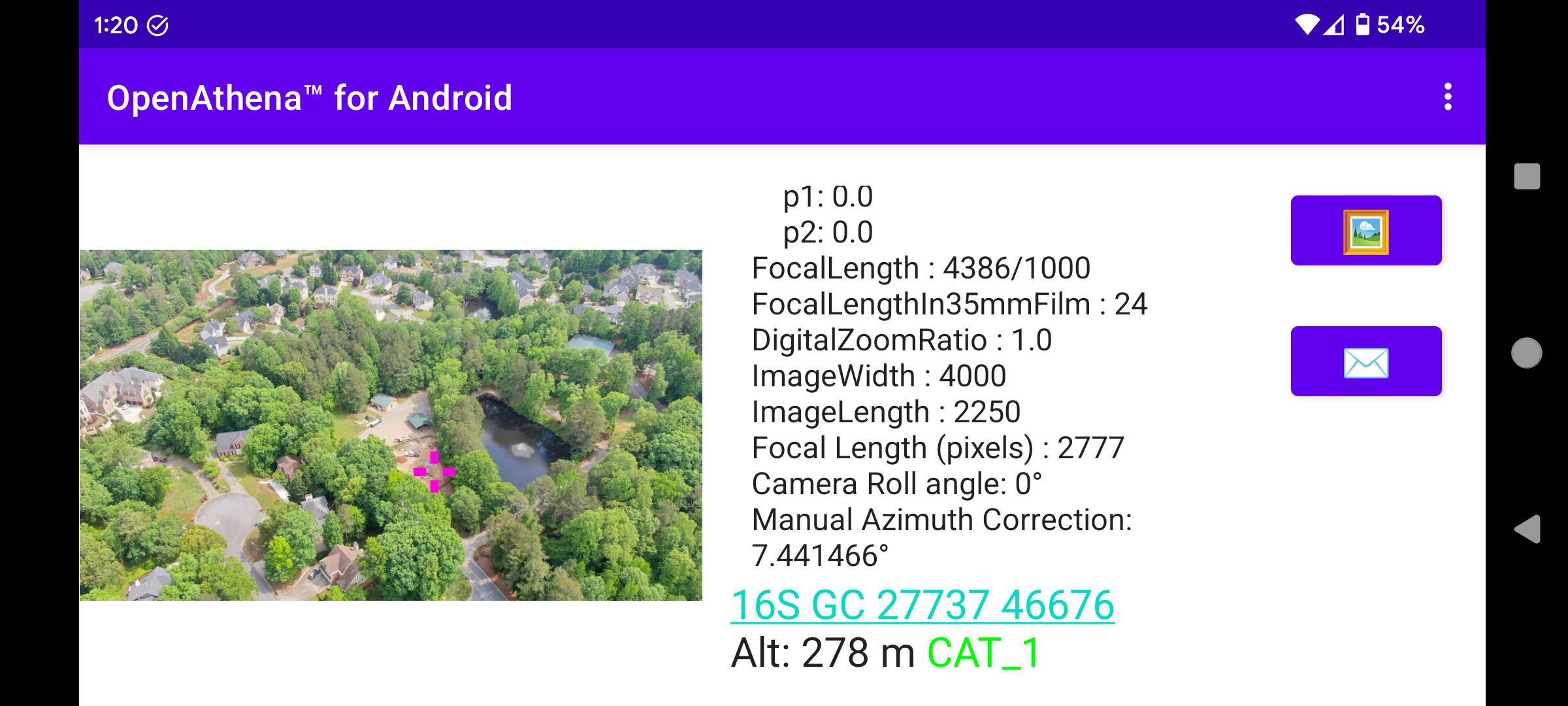 OpenAthena™ Android Target Calculation demo using cobb.tif and DJI_0419.JPG, output mode MGRS 1m