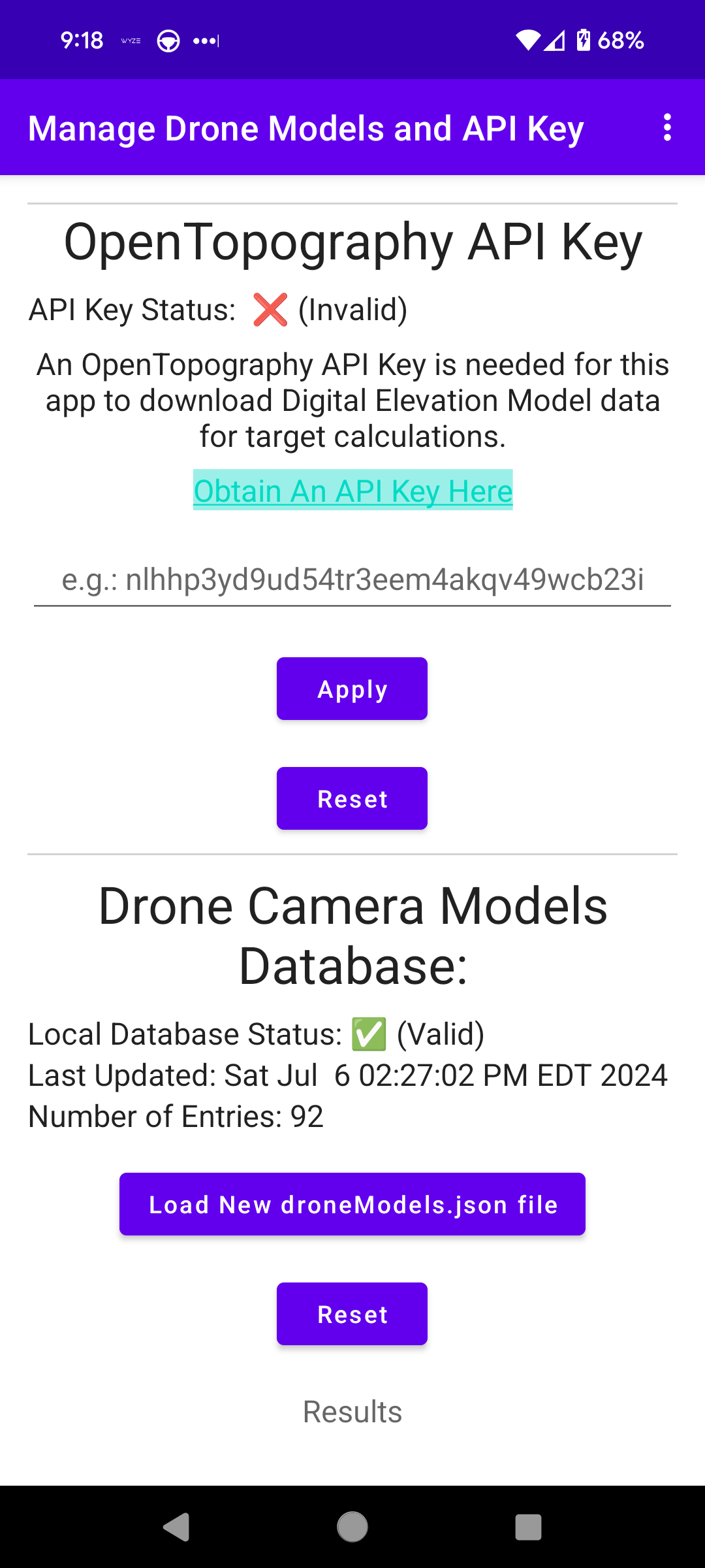 OpenAthena for Android Manage API Key activity. The app shows the current API key is missing or invalid