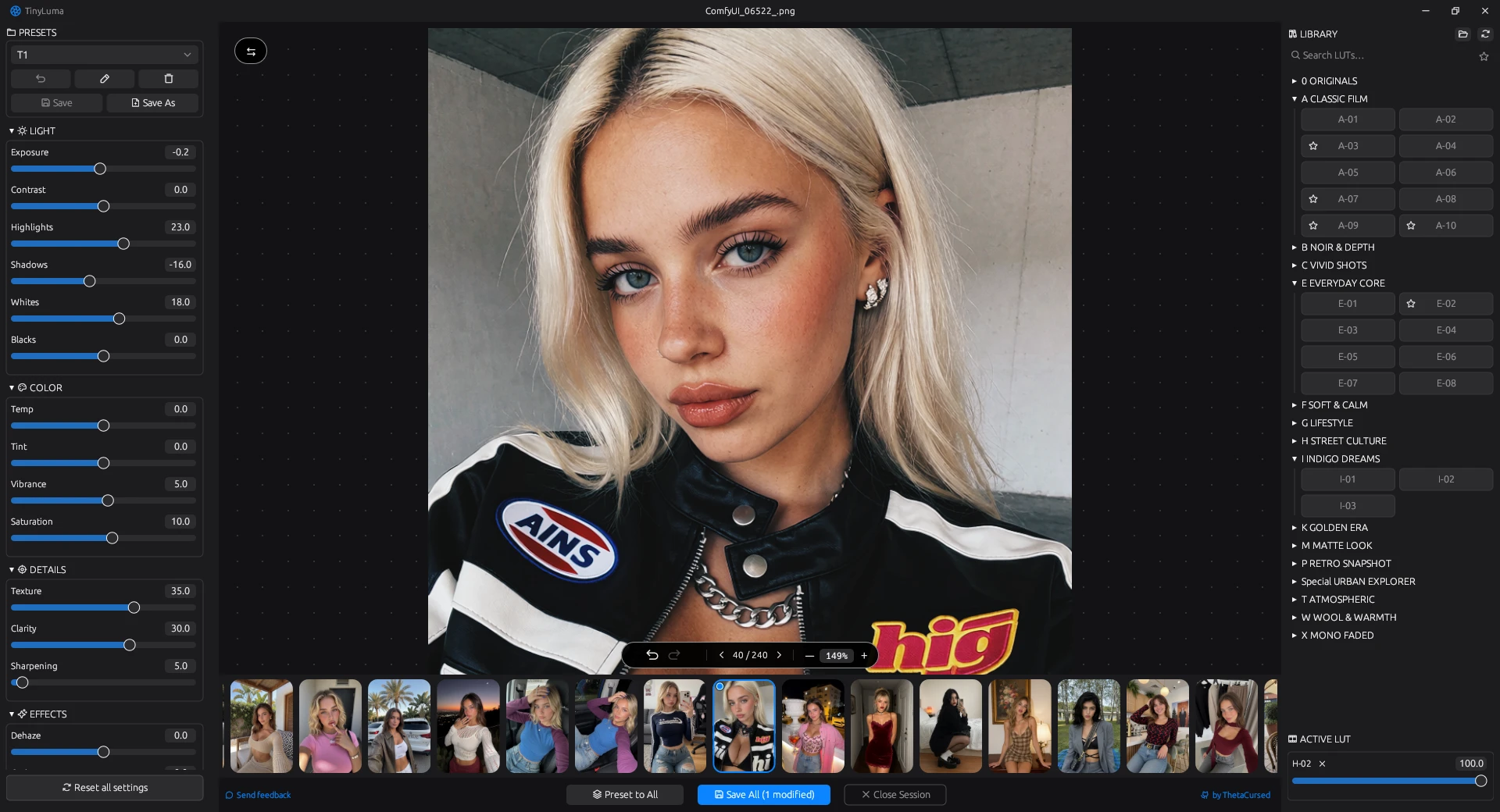 TinyLuma editor — before/after split view with the LUT library and Oklab controls