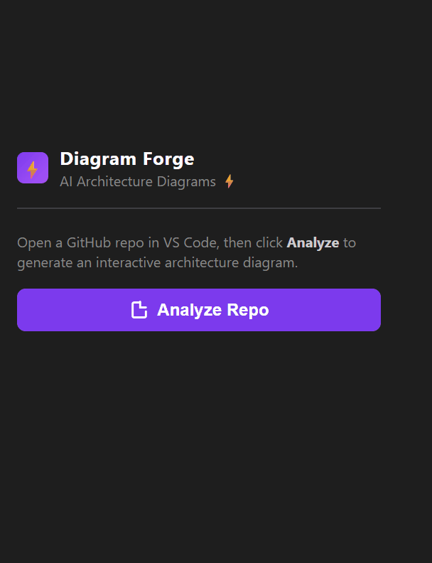 Diagram Forge VS Code extension — idle, tier selection, analysis, result