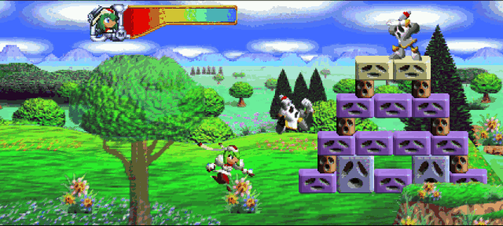 Marina mid-battle in the opening forest, the scene rendered edge-to-edge in 16:9 widescreen