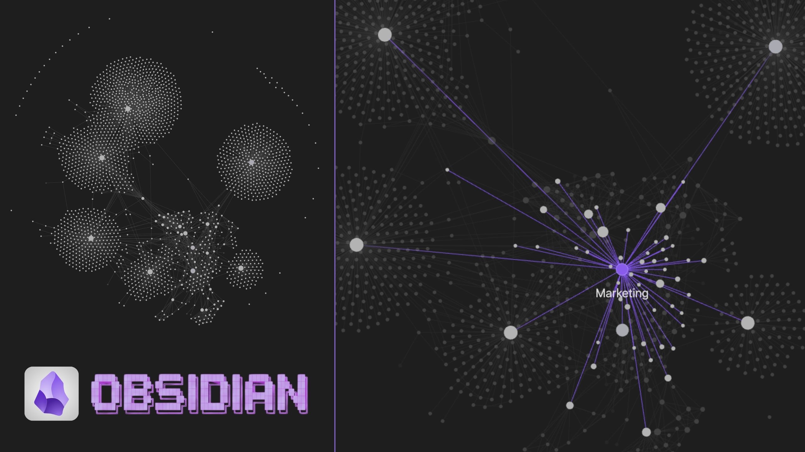 An Obsidian vault graph: notes linked into a knowledge network, with a Marketing hub