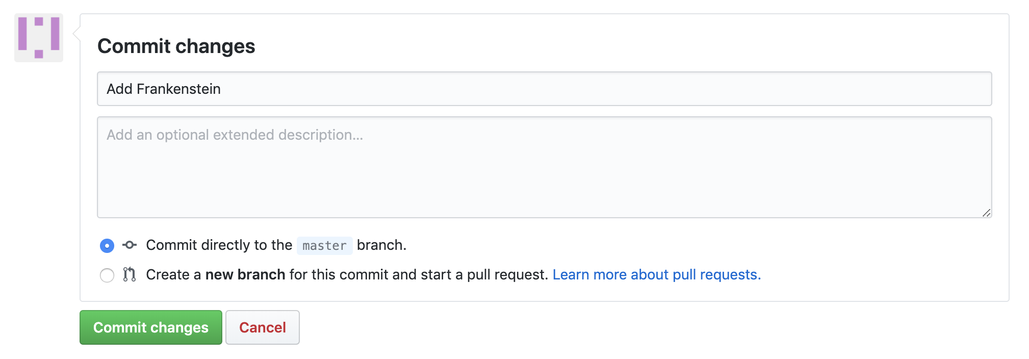 Screenshot of creating a commit message on the Github website