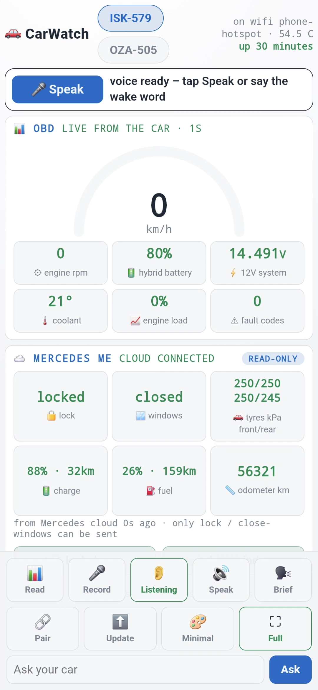 The CarWatch dashboard in v0.4: the Speak strip on top, live OBD tiles, Mercedes me cloud data, and the full control dock