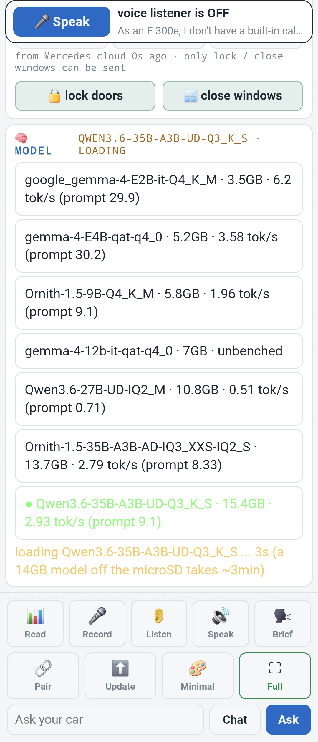 The CarWatch dashboard's Model zone: seven local models listed with their measured tokens per second, the running one marked in green, and a swap in progress with an honest load estimate