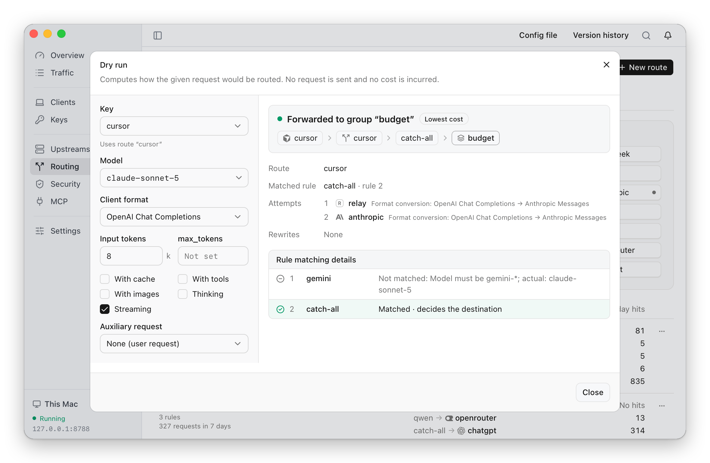 A routing dry run: a request from the cursor key for claude-sonnet-5 in the OpenAI Chat Completions format does not match the gemini rule, which says why, matches the catch-all rule and goes to the lowest-cost group, which tries relay and then anthropic, converting the request to Anthropic Messages