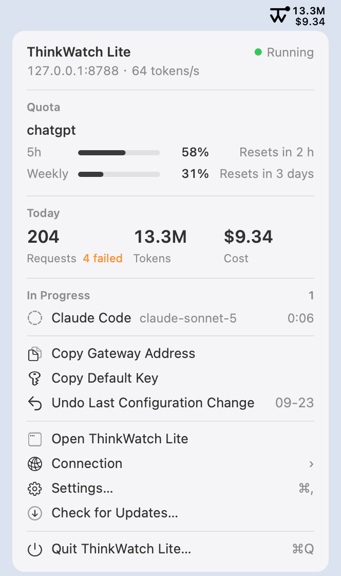 The menu it opens: the gateway's address, output speed and state; the ChatGPT account's 5-hour and weekly quotas with their reset times; today's requests, tokens and cost; the request in progress; and actions to copy the gateway address or the default key, undo the last configuration change, switch connections, open settings and check for updates