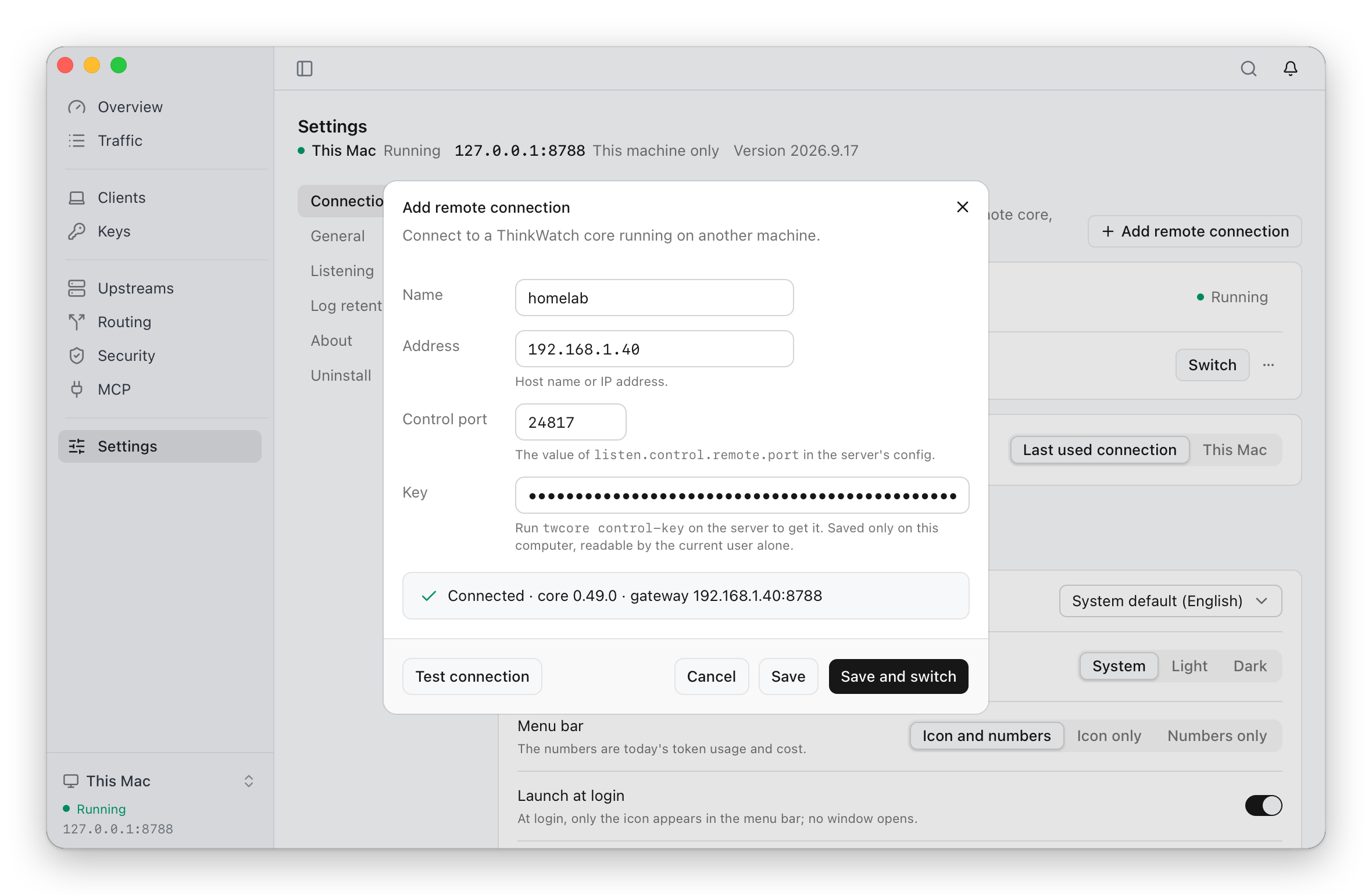 Adding a remote connection in Settings: the server's address, its control port and the key from twcore control-key; the connection test has completed the handshake and reports core 0.48.0 and the server's gateway address