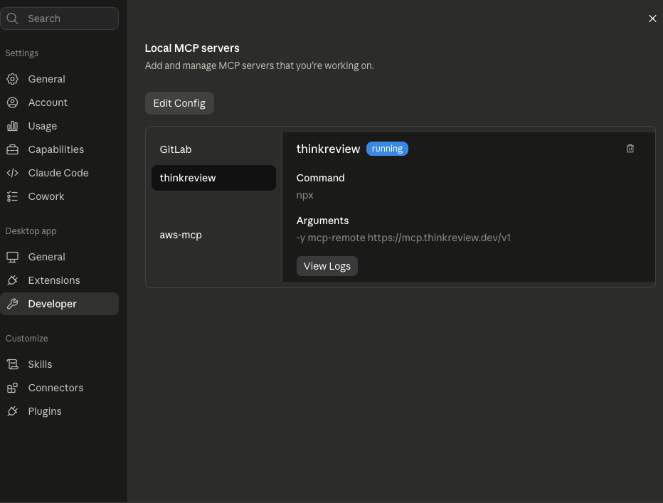 thinkreview running in Claude Desktop