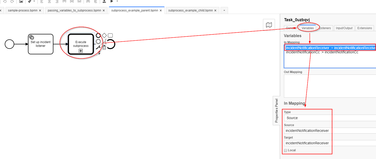 How to pass incident listener variables to subprocesses