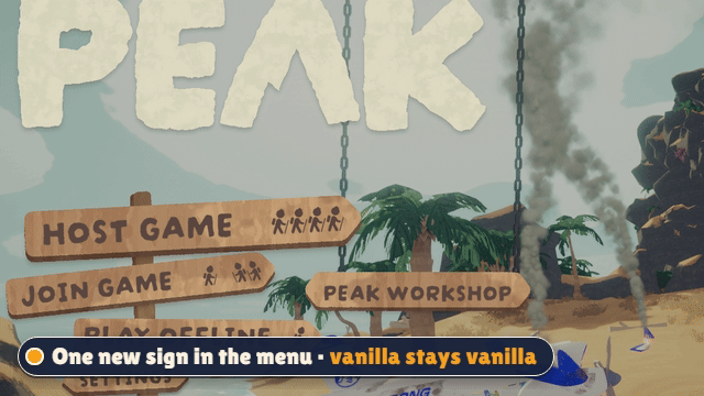 The PEAK WORKSHOP sign drops into the vanilla main menu on chains