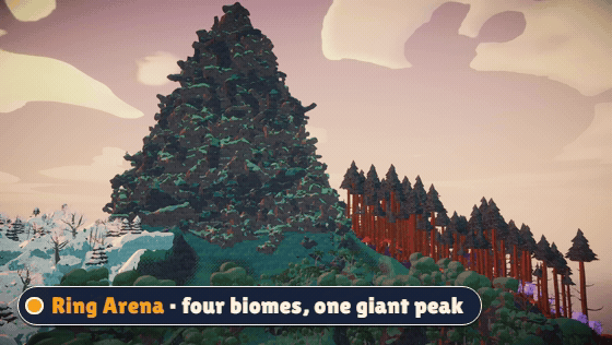 A golden-hour pan around Ring Arena's giant mountain