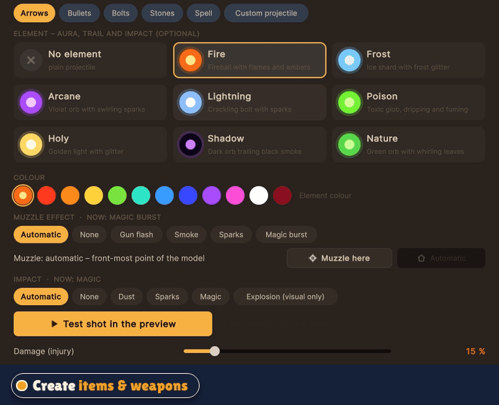 The Create Item screen: picking the Lightning element and raising damage