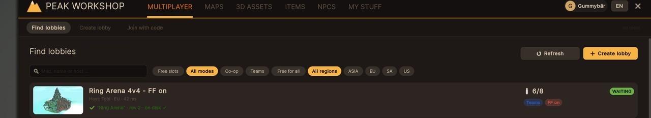Lobby browser (example): filters for mode and region, one open lobby